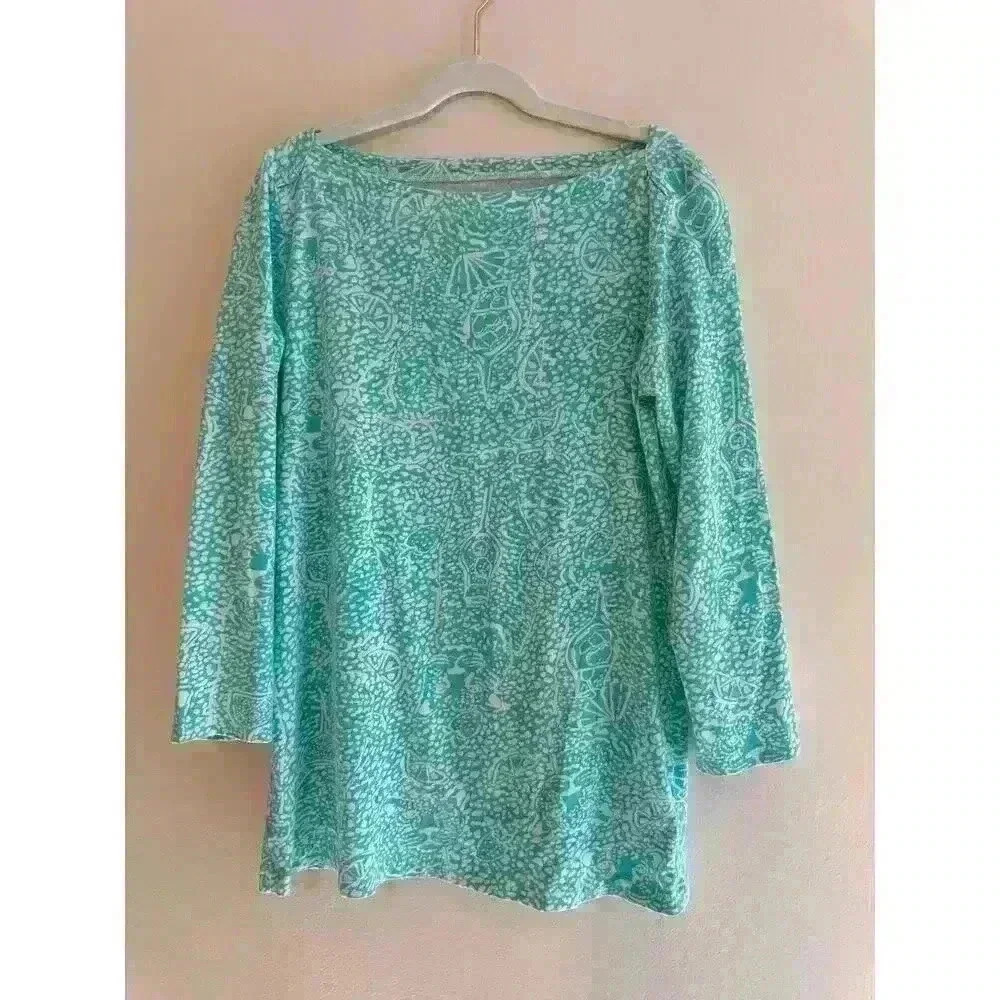 Lilly Pulitzer Boatneck 3/4 Length Sleeve Top Aqua / White Tropical Print Small